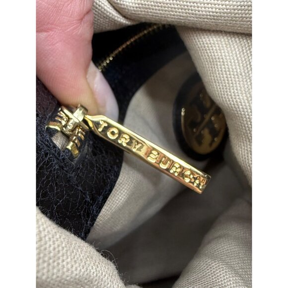 Tory Burch Black Leather Fold-Over Adjustable Strap Gold Tone Logo Crossbody Bag - Picture 12 of 16